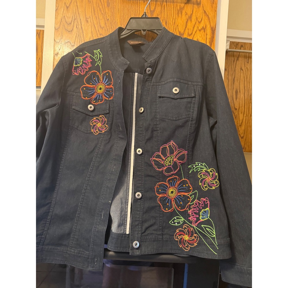 Multiples Womens Floral Embroidered Denim Jacket Indigo Blue‎ Rhinestone XL